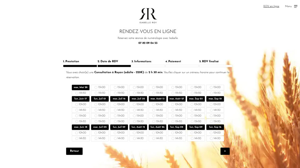 site e-commerce numerologie - page réservation en ligne