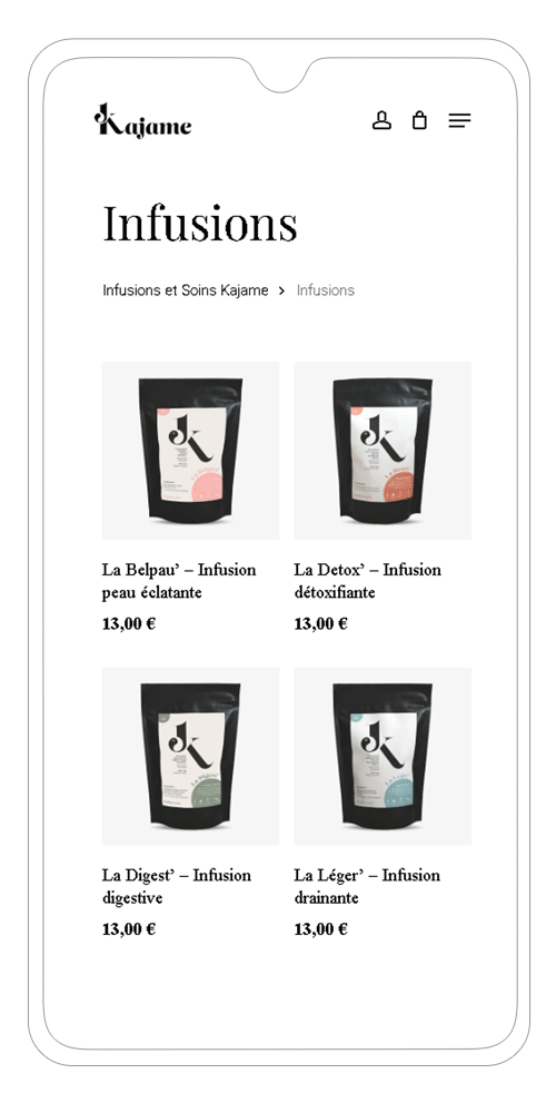 site e-commerce cosmétiques infusions sur smartphone - page boutique